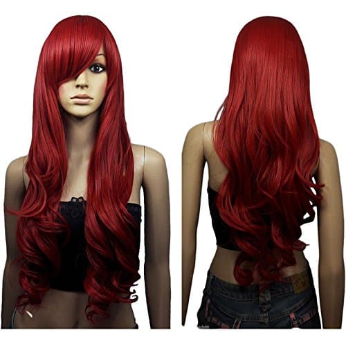 80cm Dark Wine Red Long Big Wave Mix Full Volume Curly Wavy Wig W/ Long Bang Women’s Girl Hot Full Hair Wigs Cosplay Costume Party Anime Wigs