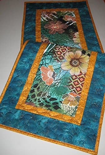 Quilted Table Runner Modern Abstract Rust, Turquoise and Green 15X48”, Reversible Cotton