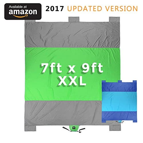 Sand Proof Beach Blanket: Nylon Lightweight &amp; Quick Drying (7ft x 9ft) / Water Proof Resistant / Durable Portable &amp; Compact Beach Towel, Camping, Picnic, Outdoor Events w/ 5 Sand Weight Pockets RUMPES