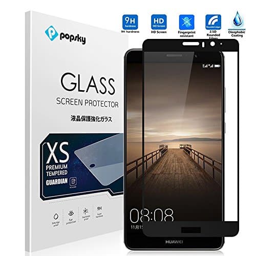 Popsky Huawei Mate 9 Screen Protector [Tempered Glass] [Full Coverage] [Colored Edge],[3D Full Curved Edge] [No Bubble] Ultra Clear 9H Hardness Scratch Proof Protective Film for Mate 9(5.9") (Black)