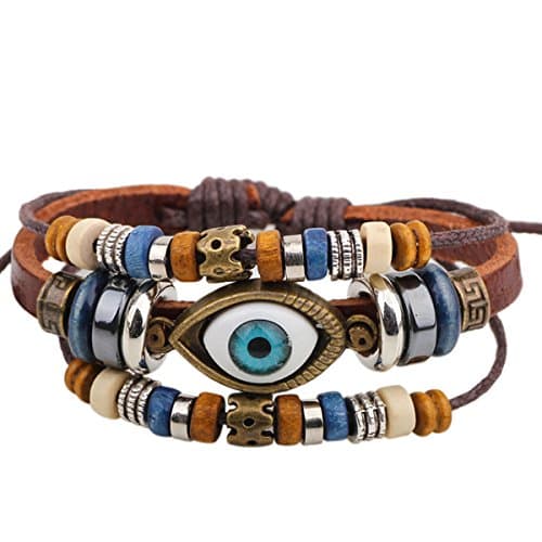 Gilind Vintage Charm Multilayer Woven Wrap Evil Eye Adjustable Leather Bracelet Unisex + Gift Bag