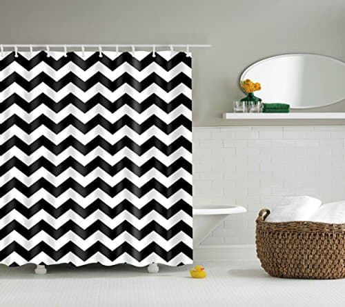 DOTZ Polyester Chevron Shower Curtain - Black and White Zig Zag Pattern - Package Includes 12 White Easy-Glide Roller Shower Hooks - Fits 180cm x 180 cm 70" x 70"