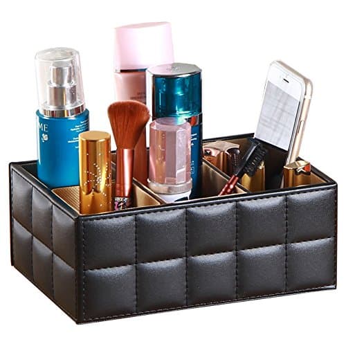 Remote Control Holder, PU Leather TV Remote Control Storage Organizer/Caddy/Rack/Organizer, Pretty Handy Black Media Accessories and Cosmetics Caddy For Bedside, Coffee or End Table (4 Compartments)