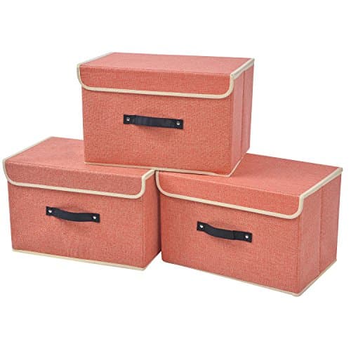 3-Pack Large Linen Storage Box with Lid and Handle Foldable Closet Organizer Clothes Bag Toys Cube Container Red Green Gray (red)