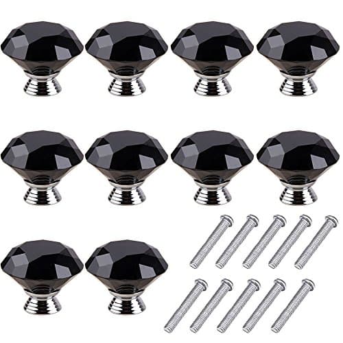 10pcs 40mm Glass Clear Cabinet Knob Drawer Pull Handle Kitchen Door Wardrobe Hardware Used for Cabinet, Drawer, Chest, Bin, Dresser, Cupboard, Etc (Jet/Black)