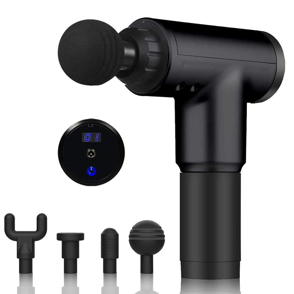 Deep Tissue Massage Gun LCD Screen,Handheld 6 Speeds Percussion Fascial Gun for Pain Relief,Super Quiet Device with 4 Interchangeable Massage Heads(LCD-Black)