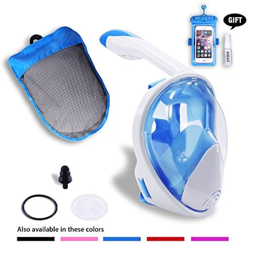 AOLAIS Third Gerneration 180°view Panoramic full face Snorkel Mask for Adults and Kids,Anti-fog Anti-leak Design Easy Breathe Snorkeling Mask Set (White+blue, S/M)