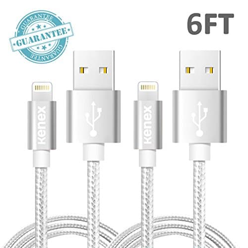 Kenex® 2 Pack 6.6ft [Silver] USB 2.0 Nylon Braided Lightning Cable USB Charging Cable Cord for iPhone 6S/6S Plus/6 Plus/6/5/5C/5S/SE, iPad Air, Mini 4, iPod 5 and iPod 7