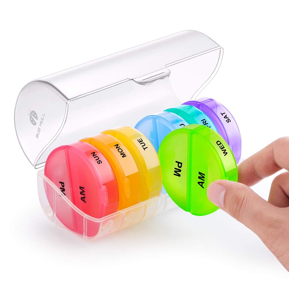 BUG HULL Pill Organizer 2 Times a Day, Twice a Day Weekly Pill Box, 7 Day AM PM Pill Case, Daily Round Medicine Organizer for Vitamins, Fish Oils or Supplement