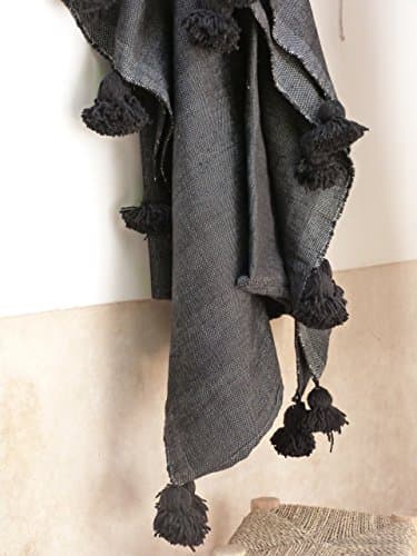 Moroccan Pom Pom Blanket, throw,bedding, bed spread.Black Cotton, handwoven