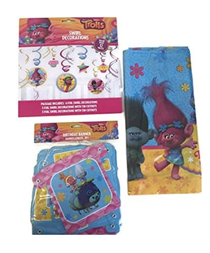 Trolls Party Banner, Tablecloth &amp; Decorations Bundle 3 Piece