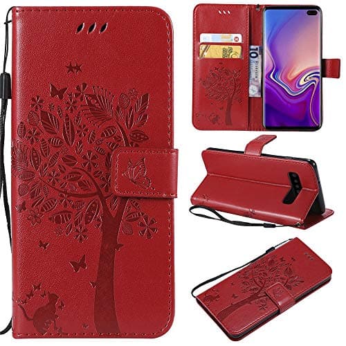 P9 Lite Wallet Cases Embossed Cat Tree PU Leater Flip Phone Case Cover for Huawei G9 Lite/Honor 8 Smart - Red