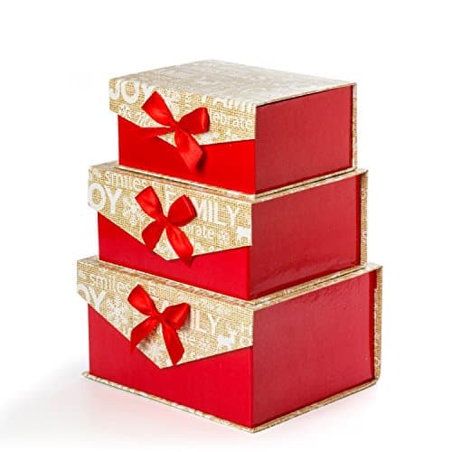 Sunbright Decorative Gift Boxes with Bows Magnetic Closure for Gift-Giving &amp; Storage, Red/Gold, Set of 3