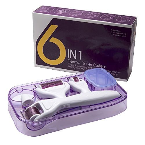 Derma Roller Set 6 in 1 | Pack of 4 Roller Heads for Body, Face, Eyes &amp; Topical Use | Includes Skin Cleansing Silicone Brush &amp; Disinfecting Basin | Effective Micro Therapy | Pink