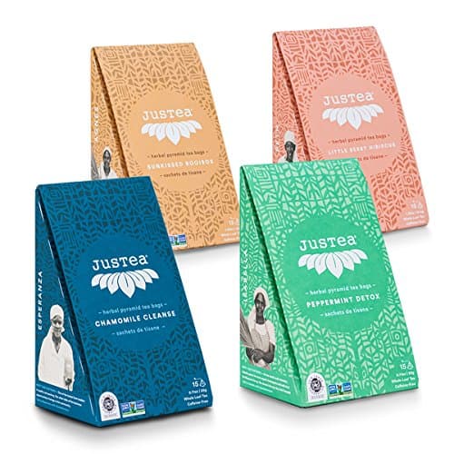 JusTea HERBAL TEA Variety Pack (4 boxes) | Pyramid Tea Bags | Biodegradable | 15+ cups per box | Organic | 1 box each: Chamomile Cleanse, Peppermint Detox, Sunkissed Rooibos, Little Berry Hibiscus