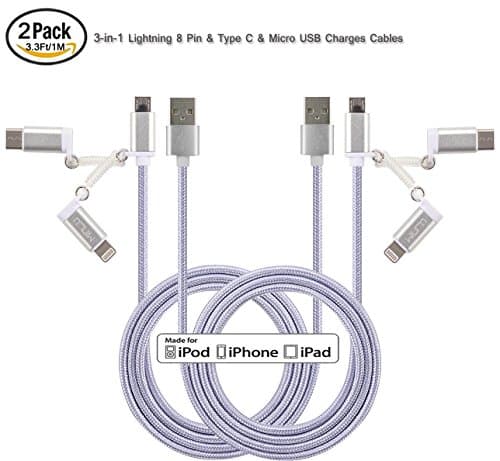 MINLU (TM) 2Pack 3.3Ft Lightning to Micro USB &amp; Type C Charging and Sync 3-in-1 Cable for iPhone, iPad, iPod Touch/Nano, Android, Samsung /HTC/blackberry/ Motorola/Sony/New Macbook/N1/6P/5X (Sliver)