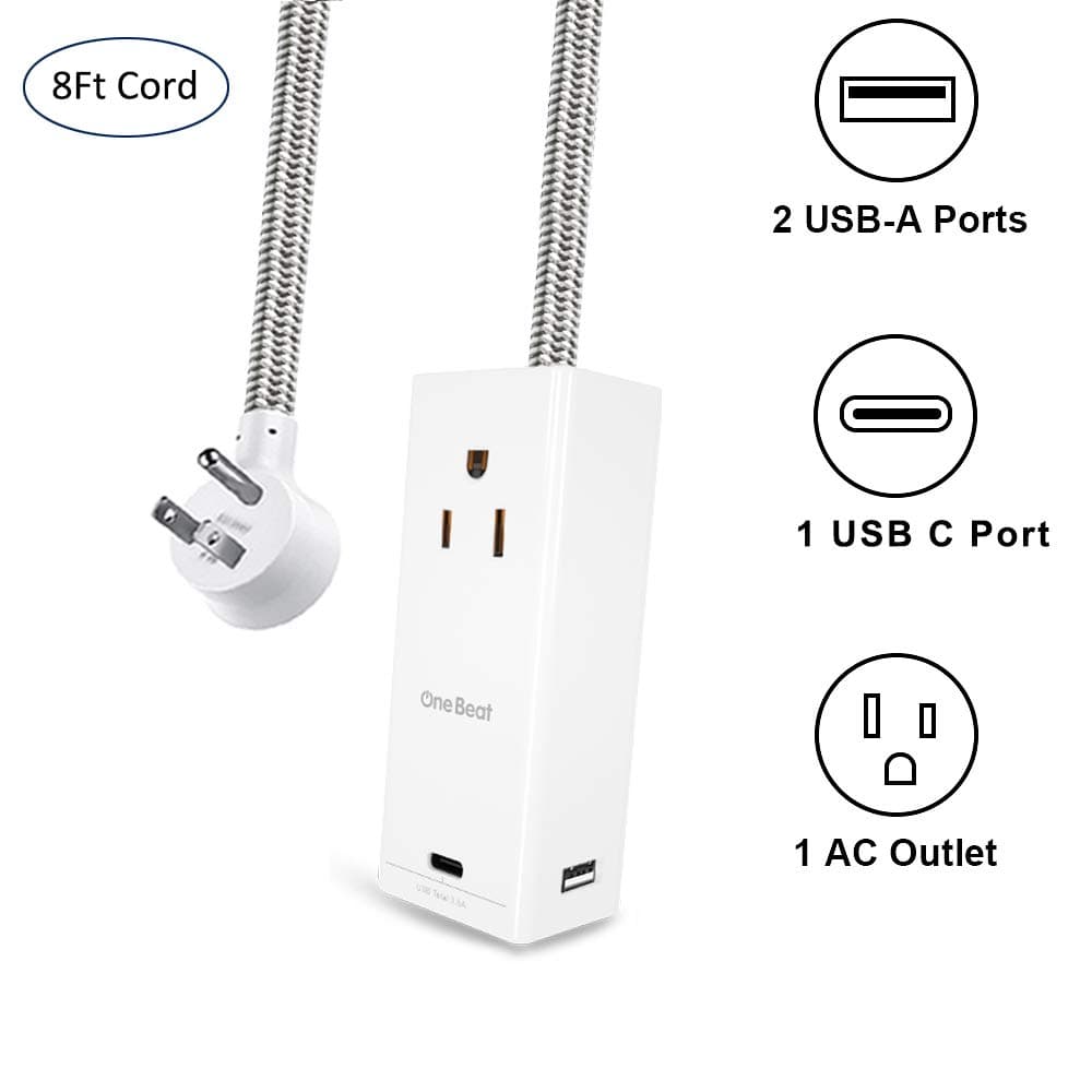 Power Strip with USB C, 8 ft Braided Extension Cord Surge Protector with 3 USB Charging Ports(3.5A Total), Flat Plug, Desktop Charging Station for Home Travel Cruise Ship - White