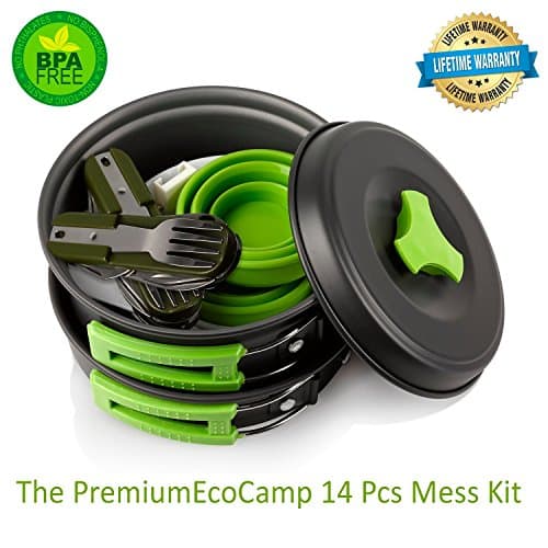 Mess Kit (14 Pcs) for Camping w/ Cookware Set Plus 2 Utensil Sets, 2 Silicone Cups, Cutting Mat & Dunk Bag by EcoCamp Outdoor Gear|Compact, Light & Durable for Military, Backpacking, Hiking|Green