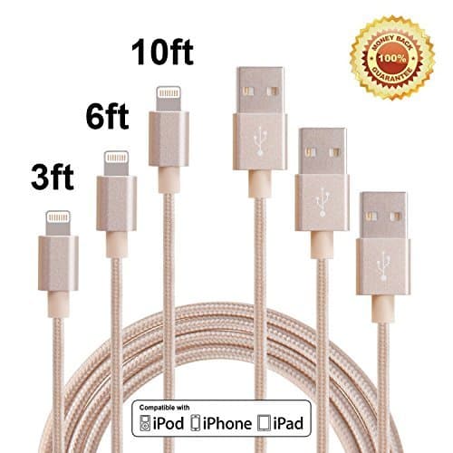 Red Gem 3Pack 3FT 6FT 10FT Extra Long Nylon Braided 8Pin to USB Power Cable Cord with Aluminum Heads for iPhone 6/6s/6 Plus/6s Plus/5/5c/5s, iPad 4 Mini Air iPod Nano 7 iPod Touch 5 (Gold)