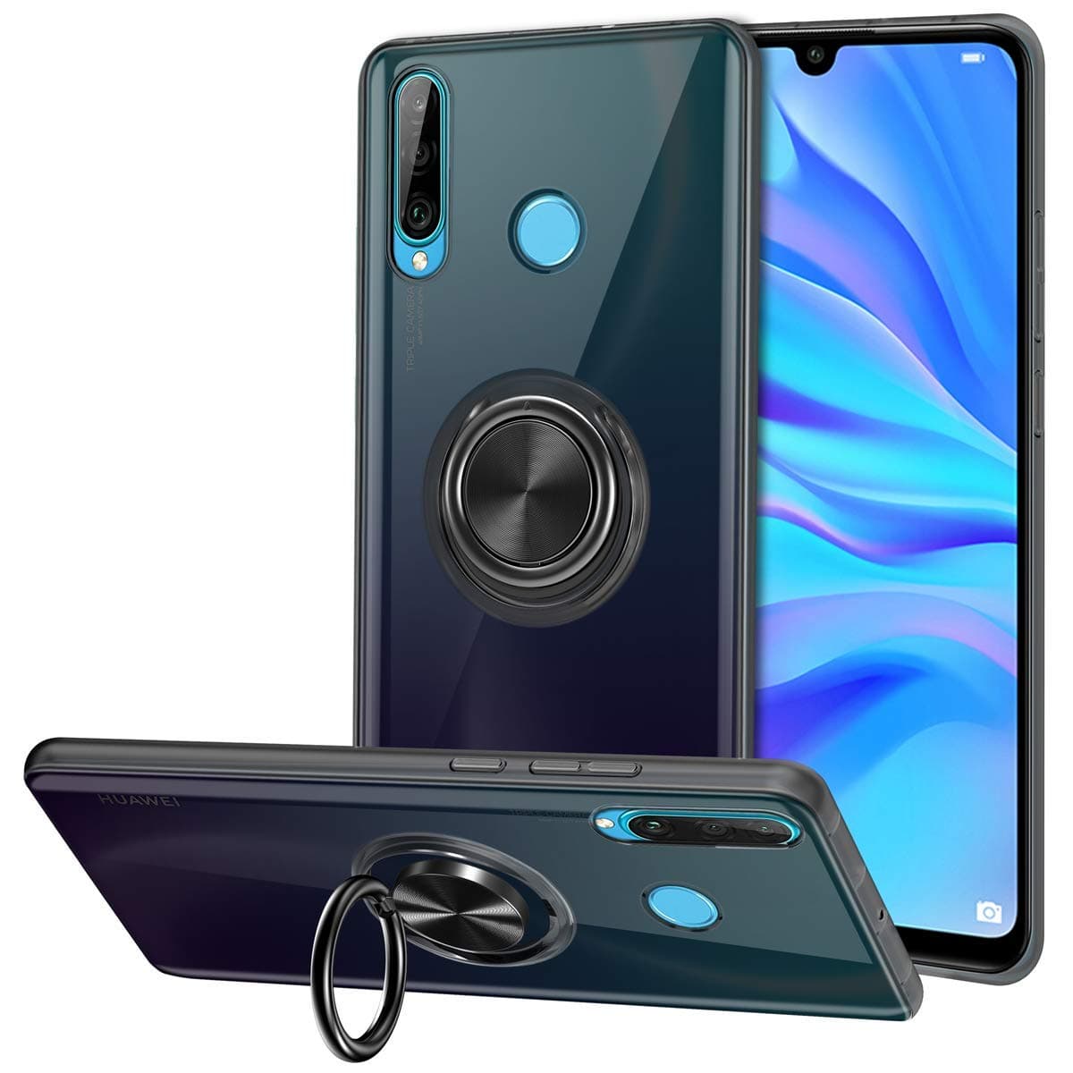 Vunake Case for Huawei P30 Lite Case Ultra thin Silicone TPU Slim Cover Transparent Phone Case with 360 Degree Ring Stand Magnetic Car Holder Protective Case for Huawei P30 Lite 2019, Black