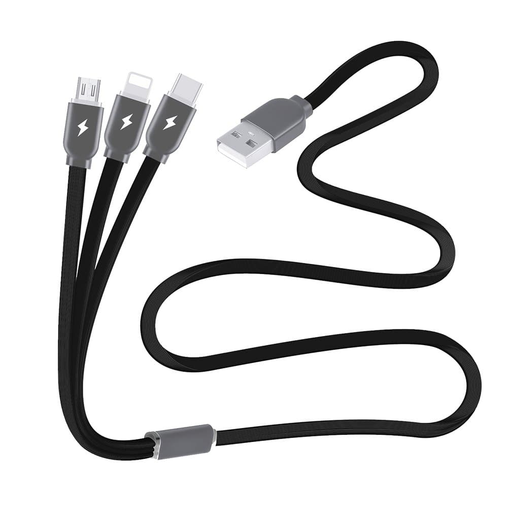 Multi Charger Cable 3A PACK 2, 3 in 1 Multiple USB Syncing Data Charging Cable Flat Cord Lighting Type C Micro USB Compatible Most Phone, Android Cellphones (Black 3FT)