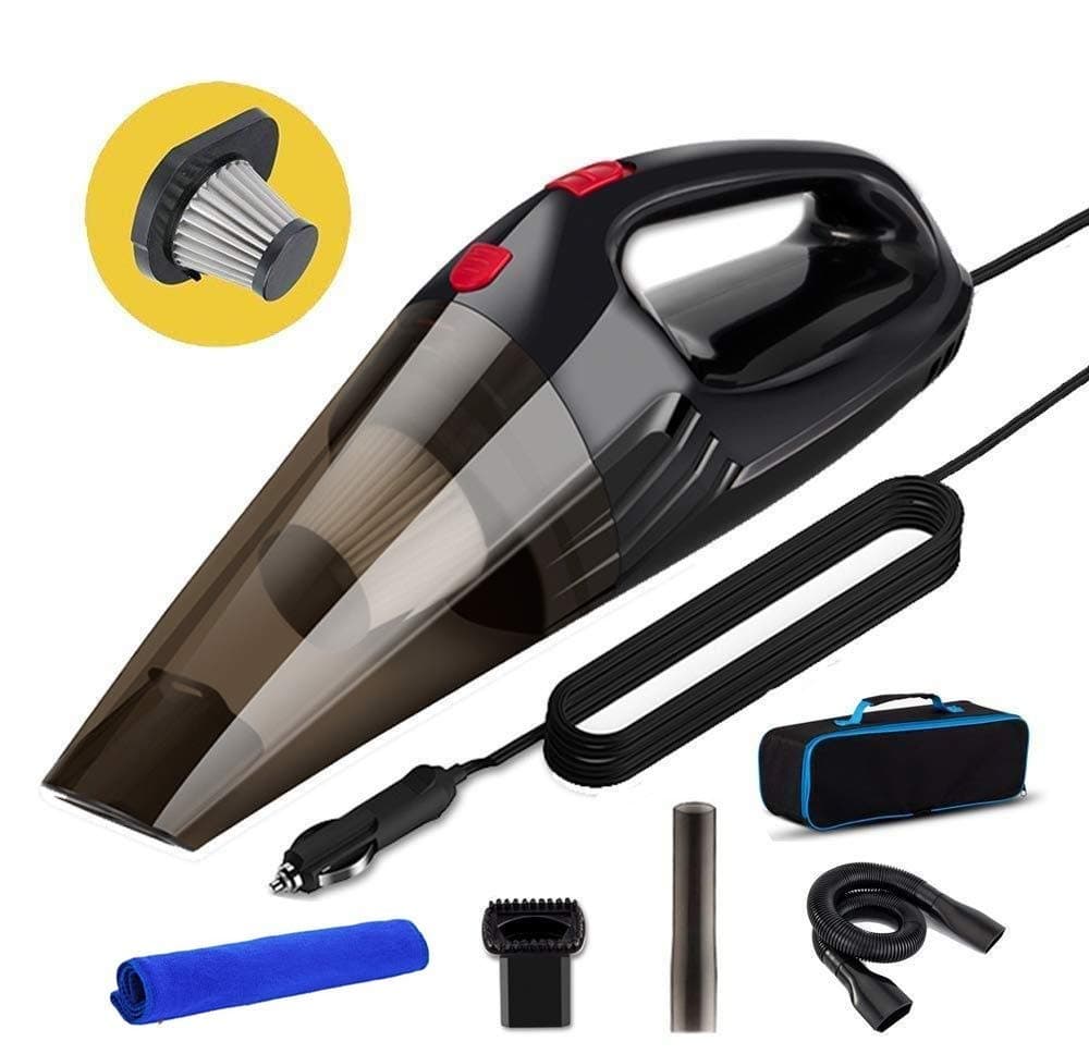 Techzere Powerful Car Handheld Vacuum Cleaner with Multiple Attachments & Storage Bag. Free Spare Filter & Microfiber Cloth Black