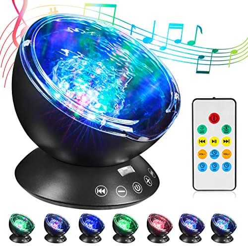 HogarTech Remote Control Ocean Wave Projector 12 LED Night Light with Built-in Mini Music Player &amp; 7 Colors Night Lamp for Bedroom Living Room Parties (Black)