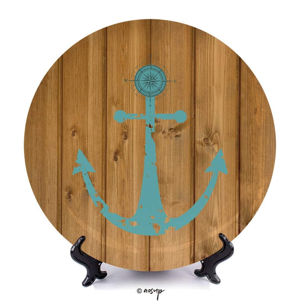 №00646 10" Dinner Plate/Nautical Decor with Compass On Rustic Wooden Planks Marine Maritime Sea Ocean Coastal Antiqued Aged Decor/Decorative Ceramic Decorative Plates,Dining Table Tabletop Home Dec