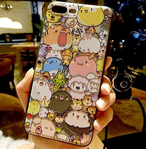 Punassi Unique Design 3D Relief Printing Texture Thin Soft TPU Gel Skin Silicone Case Soft Cover Protective with Adjustable Detachable Neck Lanyard (Iphone 7 Plus, Cute Animals Pattern)