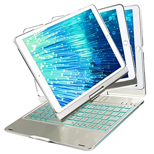 [New Version] iPad Keyboard Case for New 2018 iPad, 2017 iPad, iPad Pro 9.7, iPad Air 1 and 2 with 360 Degree Rotatable Cover and Folio 180 Degree Multi-Angle (All 9.7 inch Versions) Silver