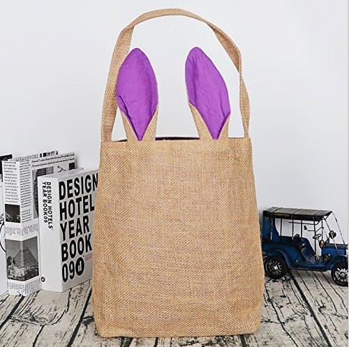 Easter Bunny Bag ROOVON Easter Tote Handbag Easter Basket Dual Layers Jute Fabric Easter Bag for Kids to Carry Eggs Gift for Easter Party, Purple Ears.