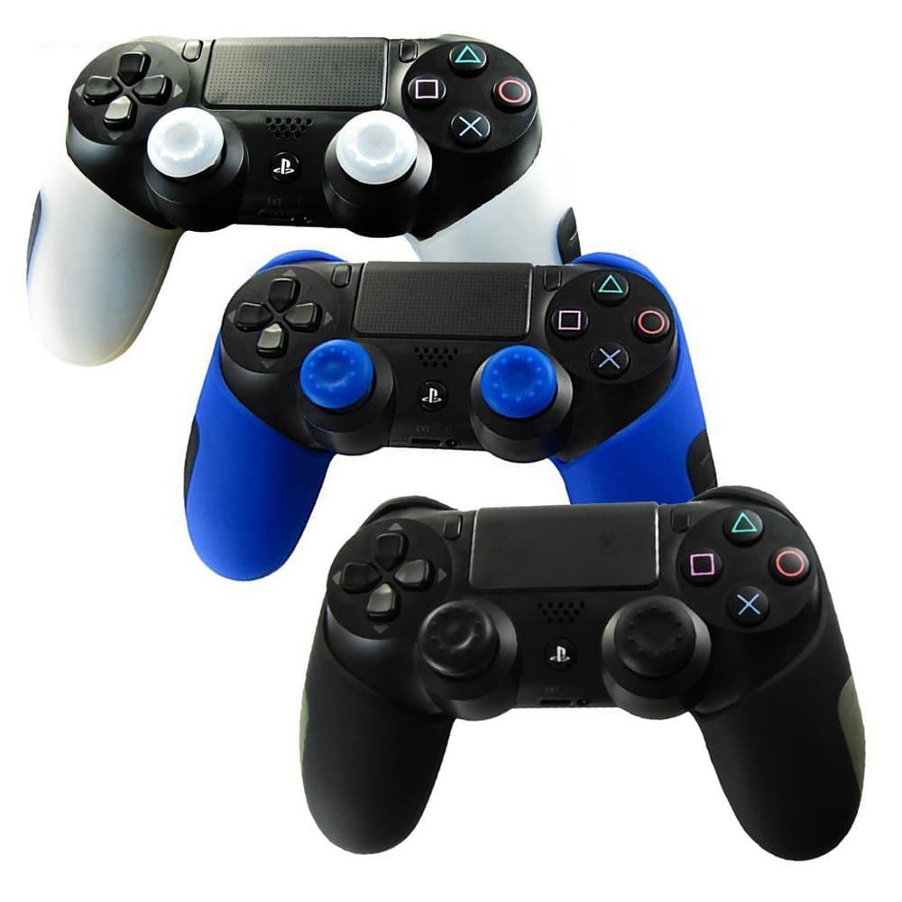 XFUNY® Controller Skin Case for PS4, 3 PCS Soft Silicone Thicker Half Cover Controller Gel Rubber Skin Protectors Case with Thumb Grip Cap for Sony PlayStation 4 PS4 Controller (Black+Blue+White)