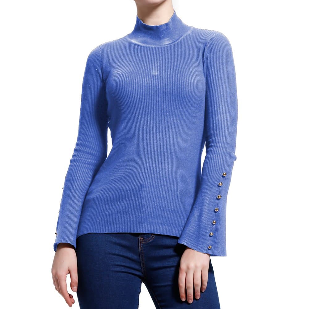 Blue L Stretchy Flare Sleeves Bell Sleeve Mock Turtleneck Pullover Sweater Color 2 Large