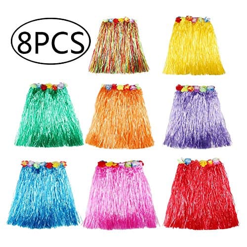 8 Pack Multicolor Hawaiian Luau Hula Skirts, Plastic Elastic Dancer Grass with Faux Flowers Waistband, Birthday Costume Party Decorations Favors Supplies – Length 15.7”