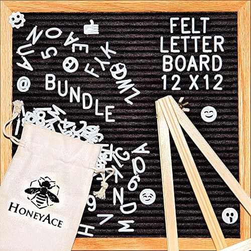 Black Changeable Letter Board (12"x12") Felt Letter Board, COMPLETE BUNDLE INCLUDES: 290 White Plastic Letters/Numbers/Characters + 45 EMOJI + Canvas Bag + Mount Hook + with Wooden Stand - By HoneyAce