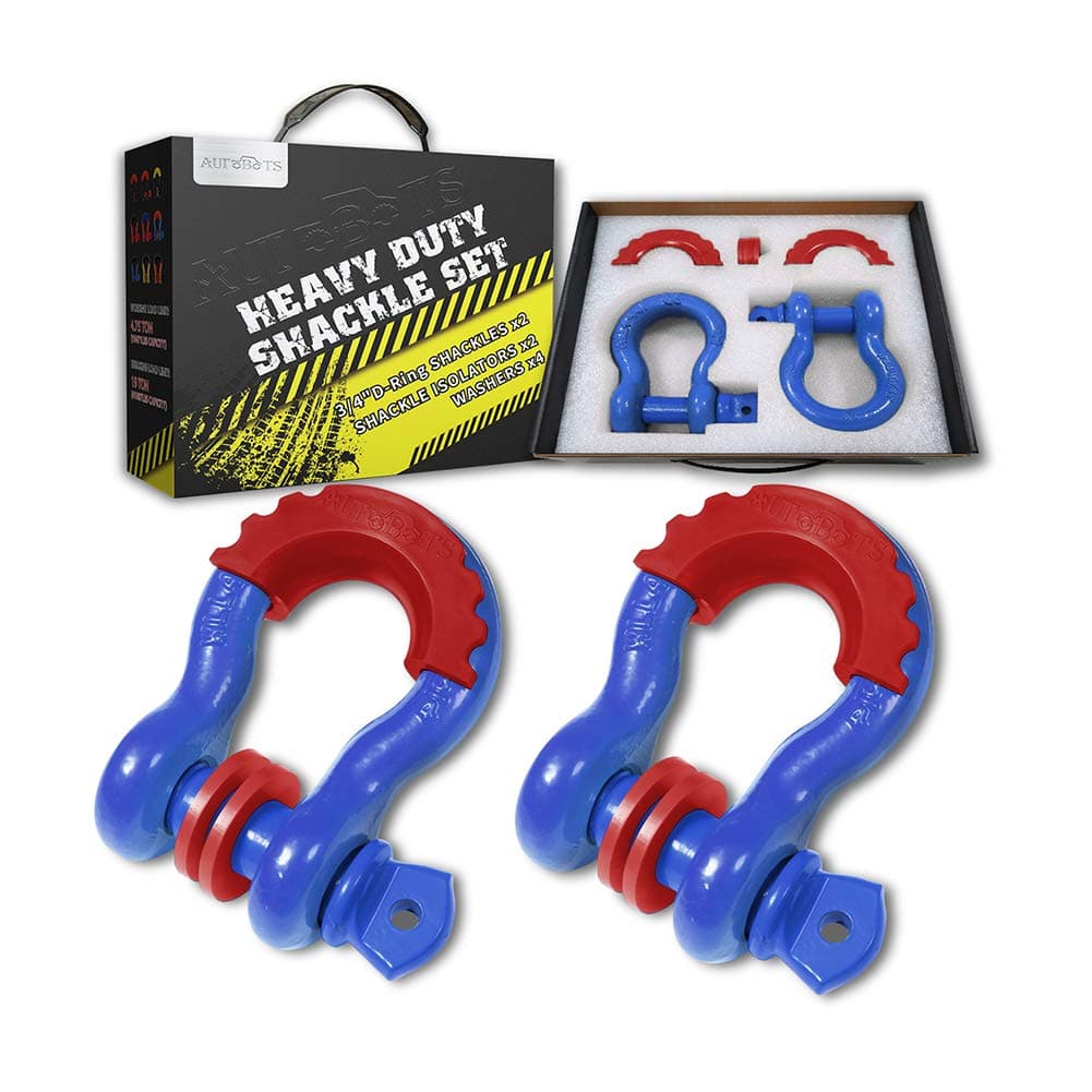 AUTOBOTS Bow Shackle 3/4" D-Ring Blue Shackle (2 Pack), 41,887Ib Break Strength with 7/8" Pin, 2 Red Isolator and 4 Washers Kit for Off-Road Jeep Vehicle Recovery