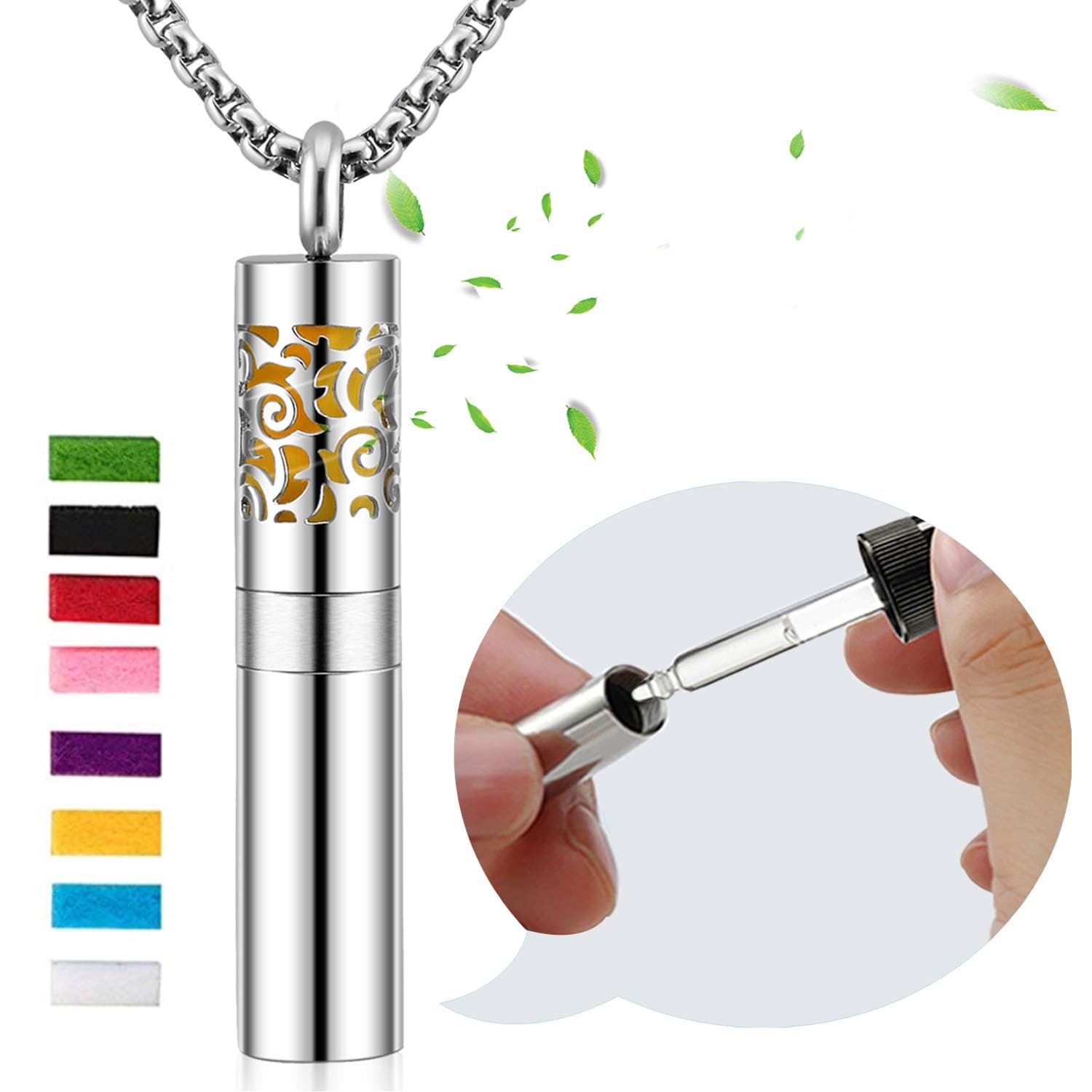 SAM & LORI Aromatherapy Necklace with Diffuser and Container 2-in-1 Stainless Steel Perfume Bottle Essential Oil Locket Pendant Jewelry Gift Set with 8 Colors Felt Pads for Boys Girls, Metal Chain