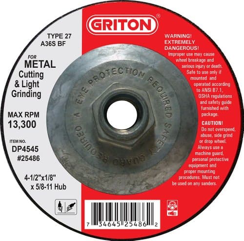 Griton DP4545 Type 27 Pipe Cutting Wheel and Light Grinding with Hub, Aluminum Oxide, 13300 RPM, 4.5" Diameter (Pack of 10)