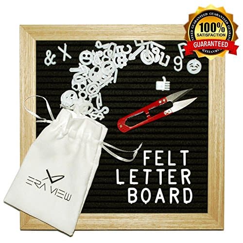 Changeable Black Felt Letter Board 10x10 Inch Premium Solid Oak Wood Frame - 340 White Plastic Letters &amp; Special Characters, Includes Numbers, Emojis, Punctuation, Mounting Hook, White Canvas Bag &amp; Sp