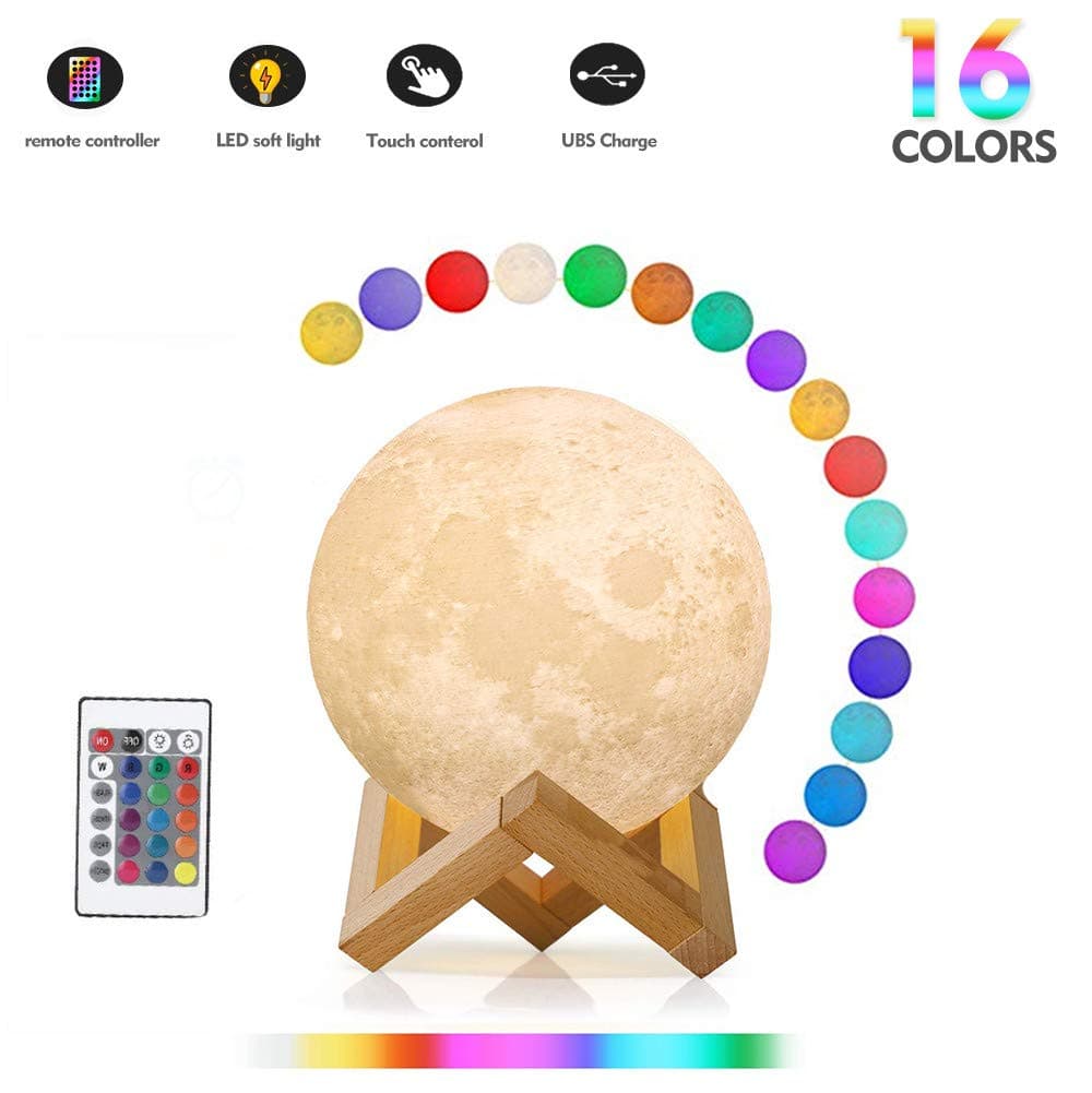 MULTAGFY Moon Lamp Night Light Large 3D Printing Moon Light Touch LED Lamp Brightness USB Lamps Dimmable Gift for Women Kids 16 Colors Remote&Touch Control 7.1 Inch
