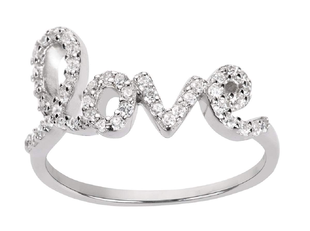 Cubic Zirconia Love in Script Ring Sterling Silver (Color Options Sizes 3-15)