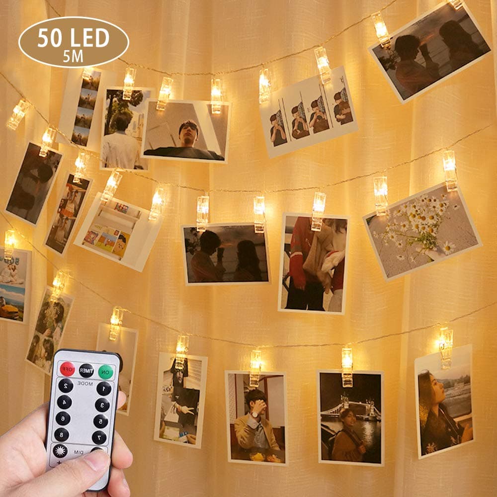 OASMU Dimmable 50 LED Photo Clips String Lights Holder with Remote & Timer FunctionDual Powered Choice 8 Modes Fairy Lights for Hanging Photos Pictures Cards Memos Warm White Decoration Light for