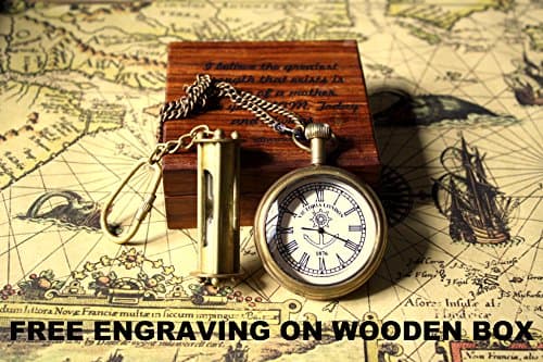 De Cube Special Free engraving on demand gift | Engraving on Wooden box | Brass vintage pocket watch with free sand timer keyring | Gift to Mother Father GrandFather wedding birthday thanksgiving