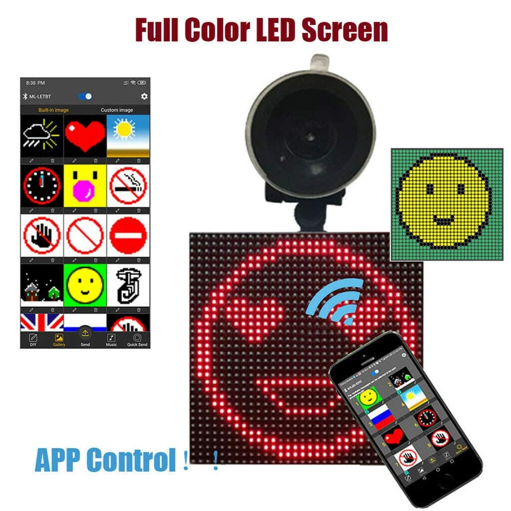 Smart DIY Emoji Device,Designed with Smart Bluetooth Programable 12v Graphic Text Animations & Full Color Mini Smiley Face LED Screen to Use in Cars or Uber/Taxi