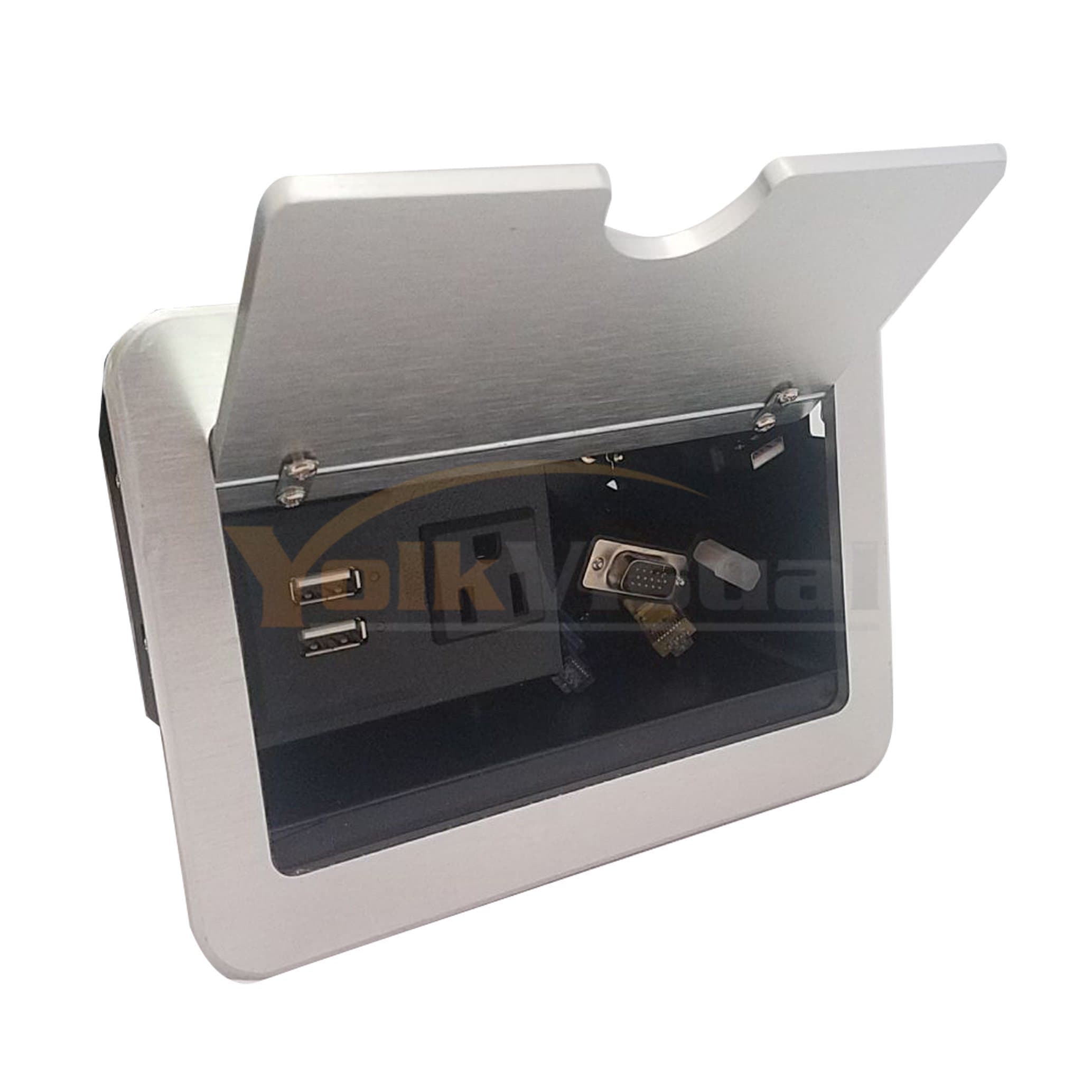Yolkvisual Conference Table Connectivity Box 1 x AC PWR (US) + 2 US B Charger + 1USB(M/M) + 1 VGA + 1 HDMI + 2 RJ45(CAT6) + 1 Audio3.5mm, with 1.8M Cables Silver