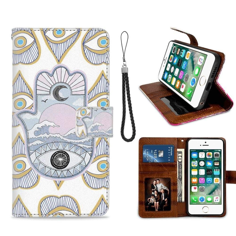 Wallet Case for iPhone 7 Plus, iPhone 8 Plus, iPhone 7 Plus/8 Plus Hamsa Hand Design PU Leather Magnetic Closure Shockproof Covre with Straps ID&Credit Cards Pocket Protective Shell Good