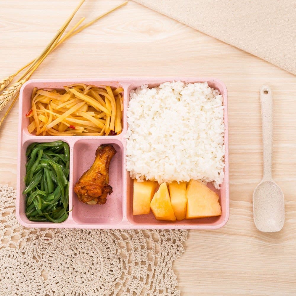 Wheat Straw Dinner Lunch Box With A Spoon Bento Box Containers Health 4 Grid Microwave Cute Kids Work People Cute Small (24.5 * 17.5 * 4 cm, HTT190307-4PK)