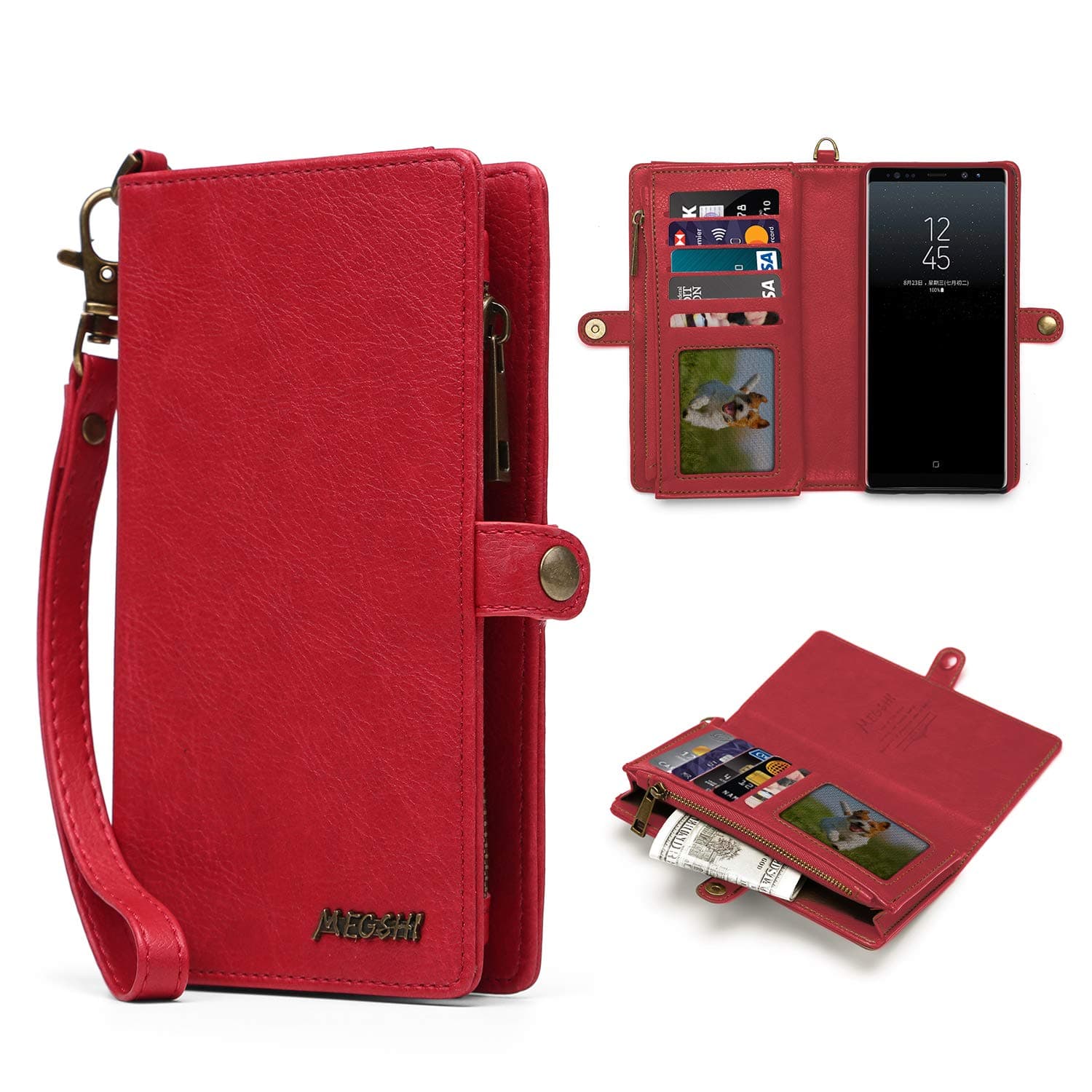 MEGSHI Multifunctional Wallet for Galaxy Note 9, Zipper Wallet Case for Galaxy Note9, Handbag with Detachable Magnetic Back Cover, Samsung Note 9 Leather Case with Credit Card Slot (Red)
