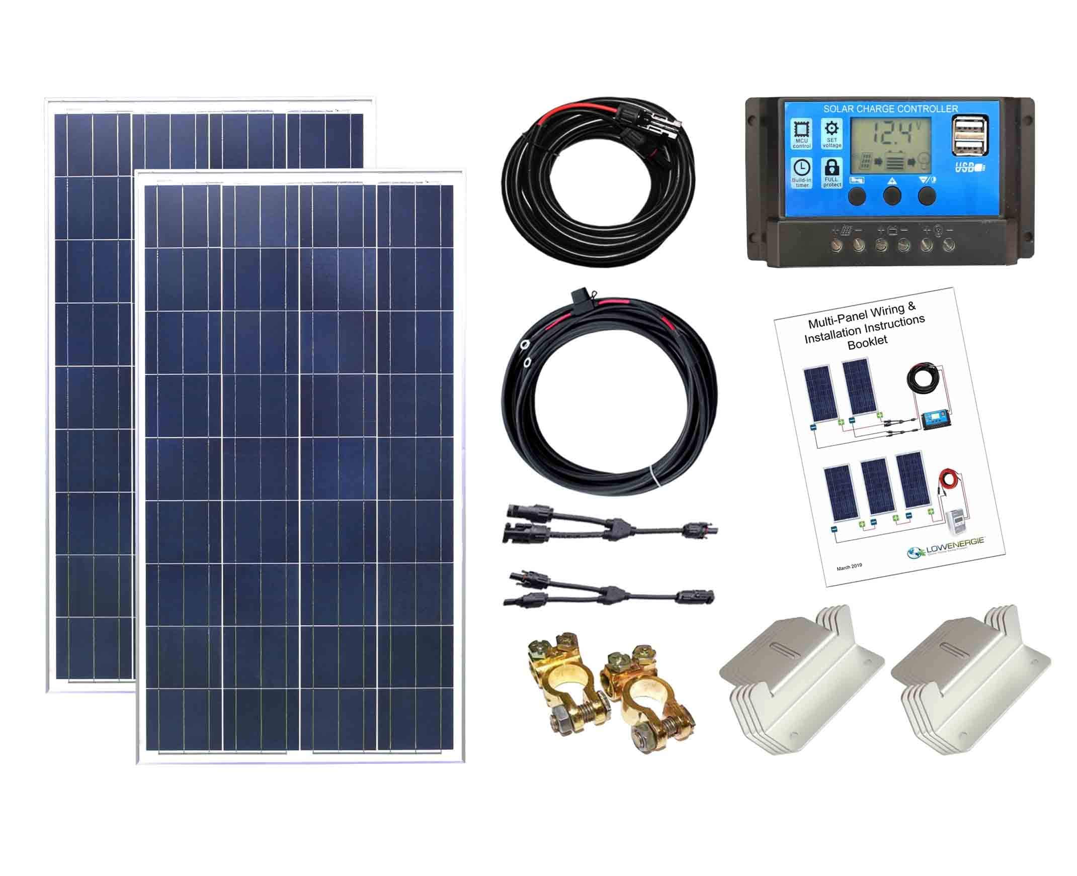 Lowenergie Poly Solar Panel Kit K4 12V/24V PWM controller battery charging cables brackets (200W)