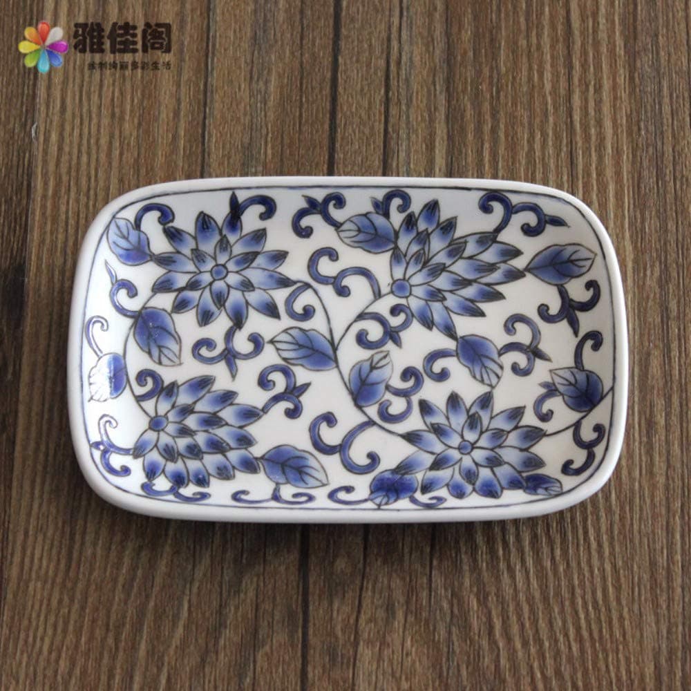 Ceramic Soap Dish, Original Design Handmade Mini Rectangular Multifunctional Storage Hand Painted Blue Lotus Flowers On White Retro Antique Rural Style Creative Vintage Modern Home Decoration For Bat